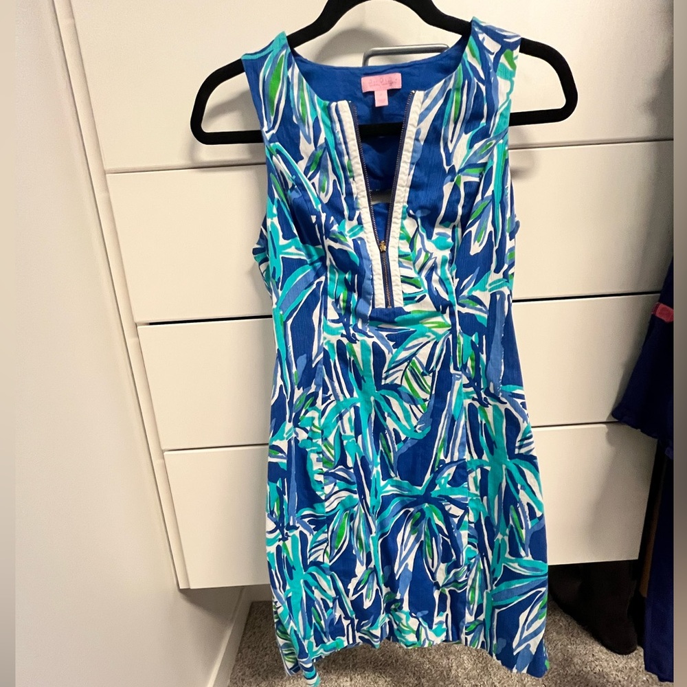 Lilly Pulitzer blue green white zip up shift mini dress cut-out back size 2